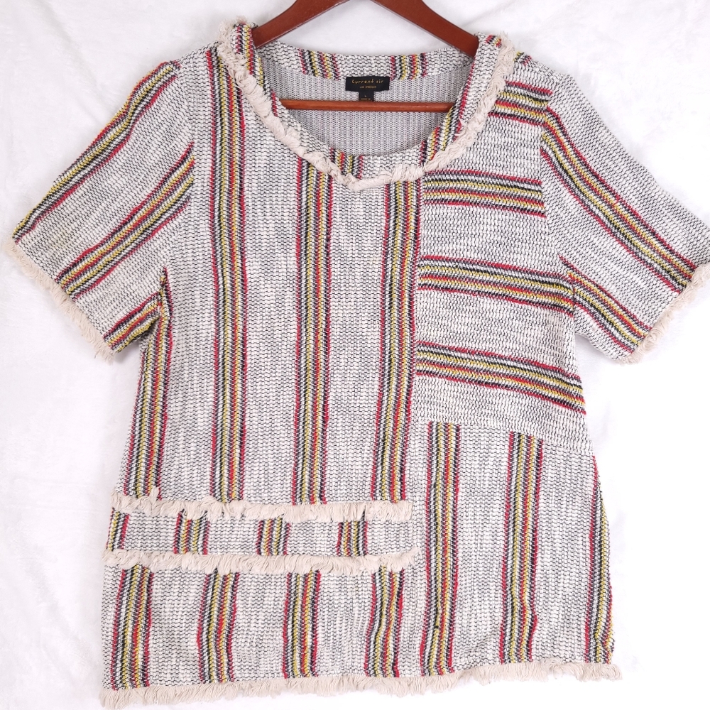 Current Air Anthropologie Woven Fringe Short Sleeve Top L